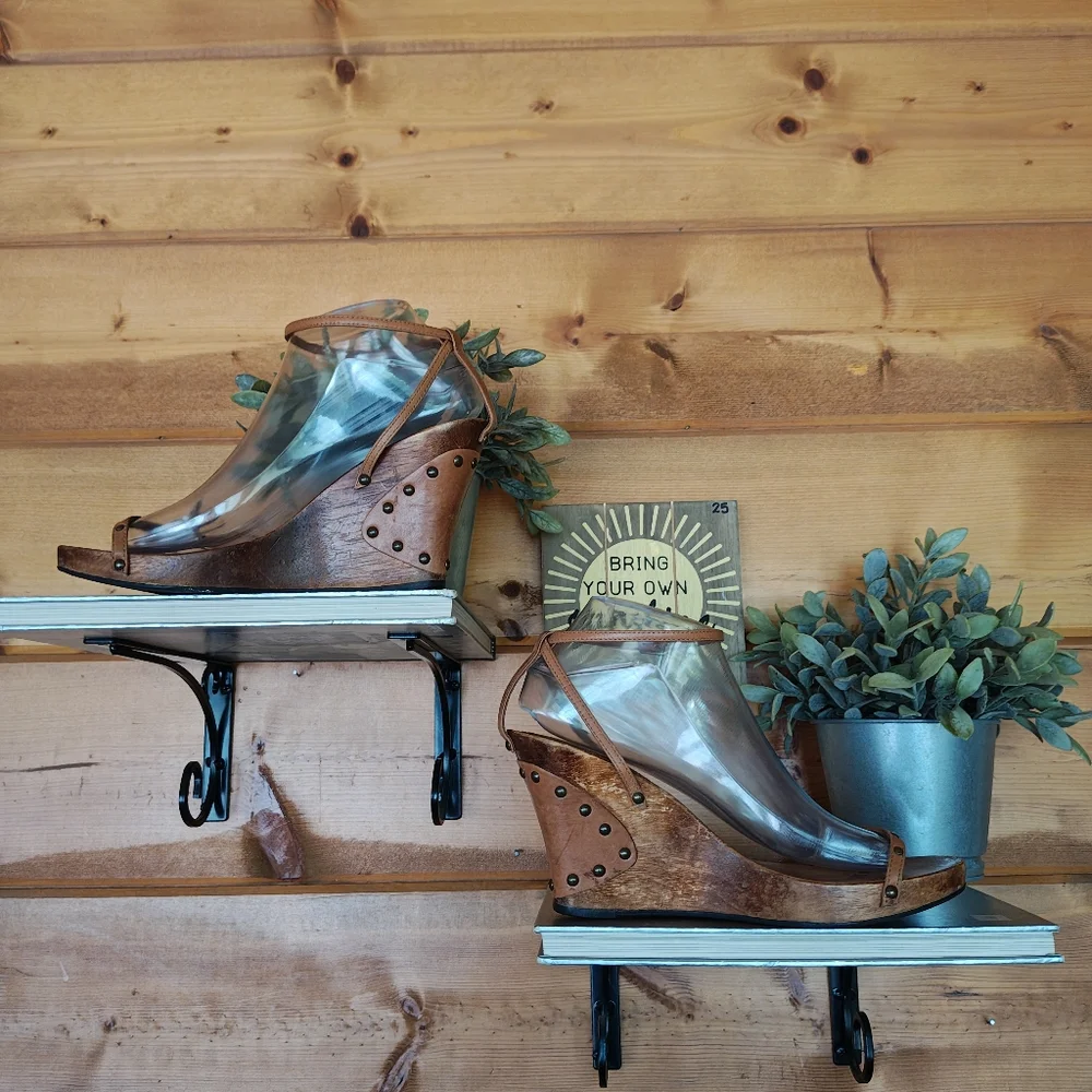 Riverstone Vintage Platform Wedge Heel Sandals Wood Studded Leather Strappy Sz 8